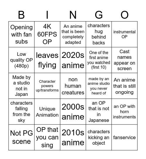 Anime Opening Bingo Card