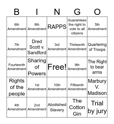 Bill of Rights/Amendments Bingo Card