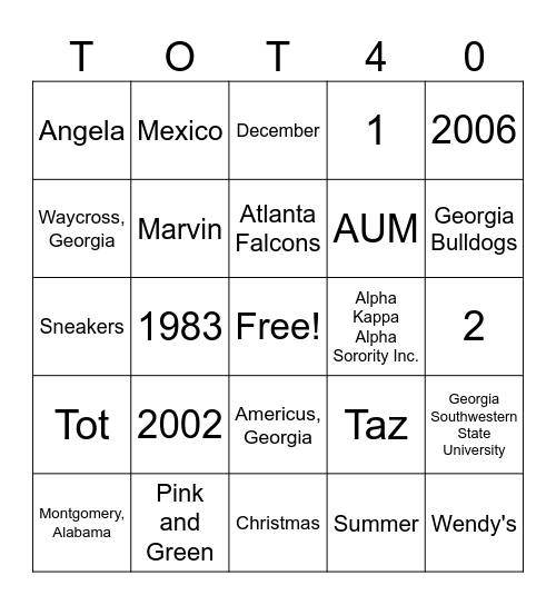 Tasha 40th Bingo Card