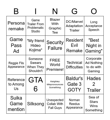 Game Awards 2023 Bingo Card