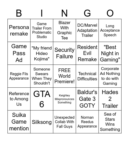 Game Awards 2023 Bingo Card