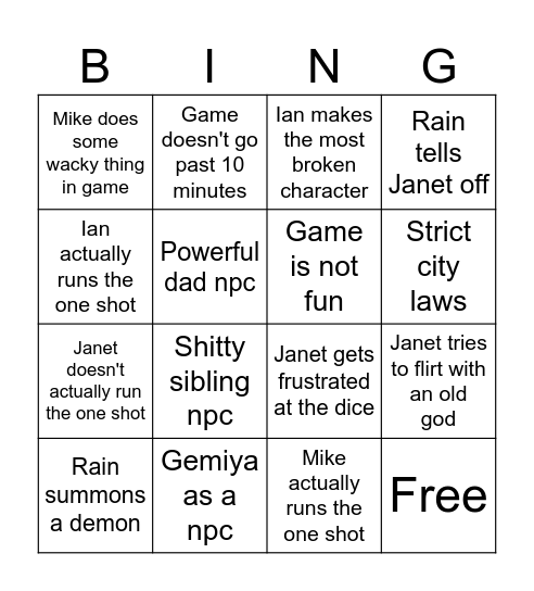 Janet's Oneshot Bingo Card