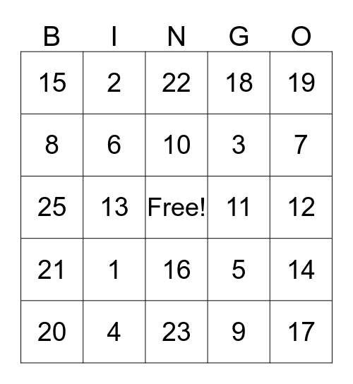 Number Bingo  Bingo Card