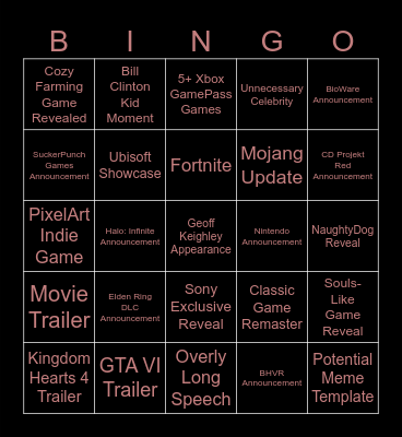 Game Awards 2023 BINGO Card