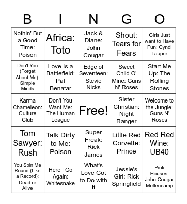 80's Mix 1 Bingo Card