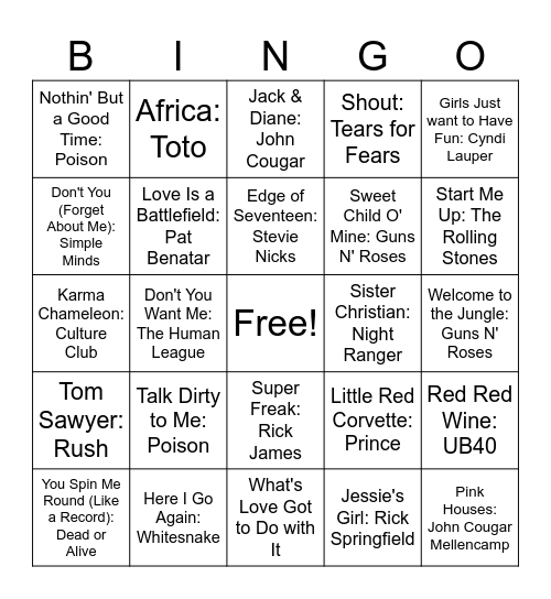 80's Mix 1 Bingo Card