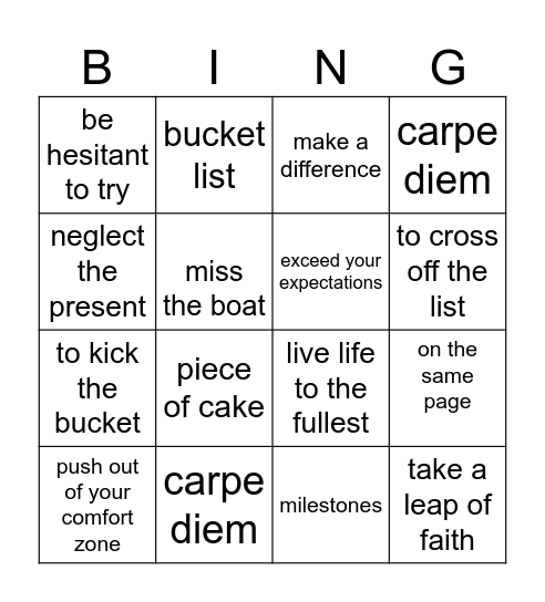 Bucket list Bingo Card