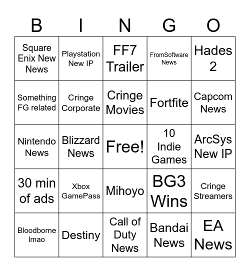 Game Awards 2023 Bingo Card