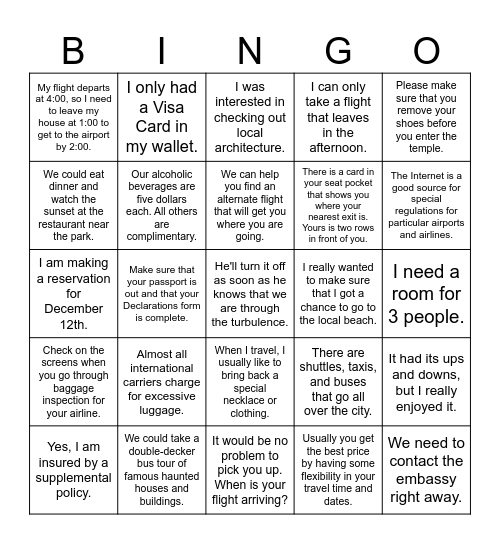 TRAVEL CONVERSATION Bingo Card