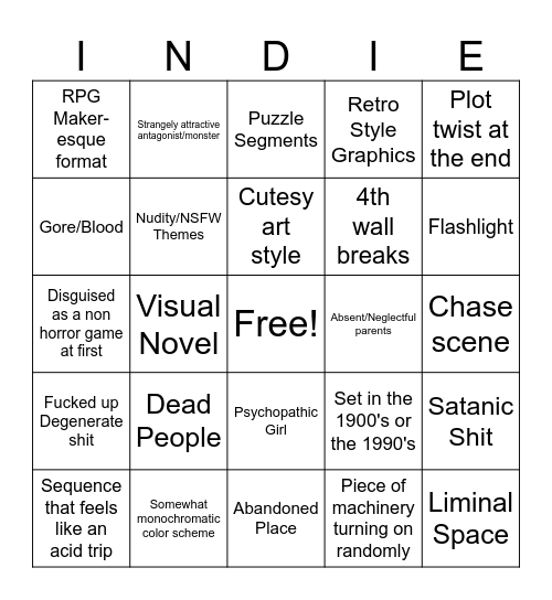 Indie Horror Bingo Card