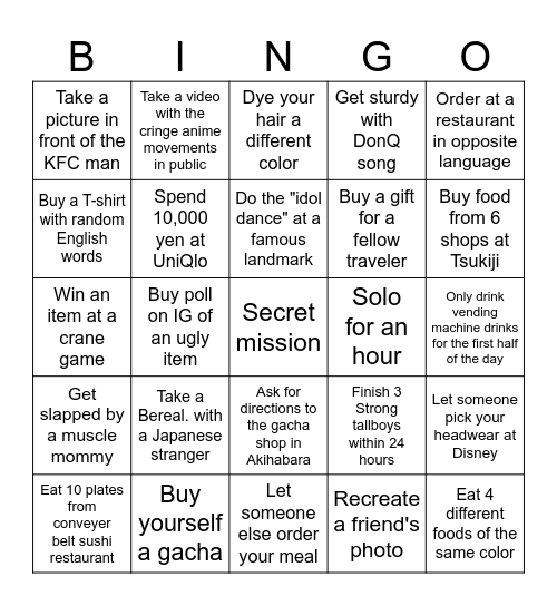 JAPAN MISSION LIST Bingo Card