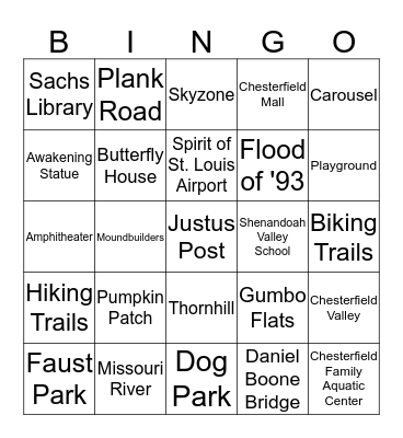 Chesterfield MO Bingo Card