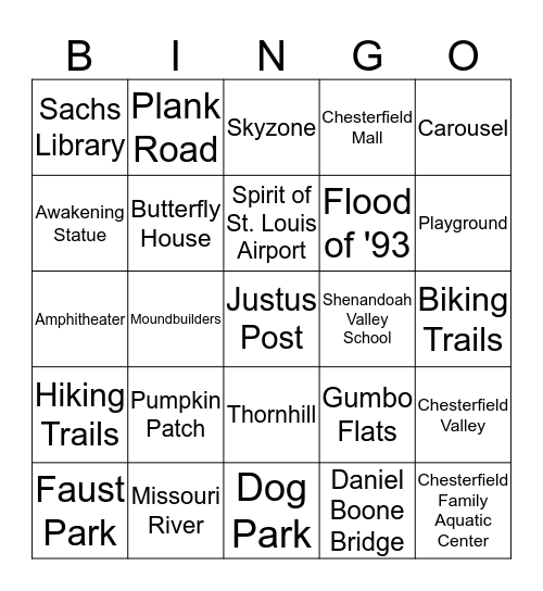 Chesterfield MO Bingo Card