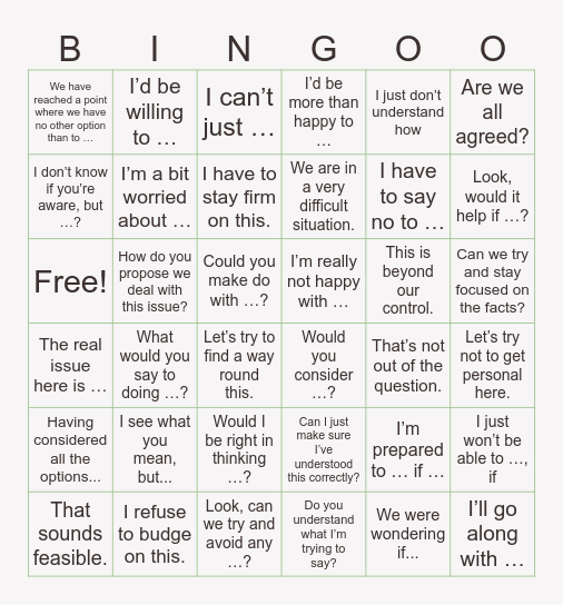 Key Expressions for Business Communication Bingo Card