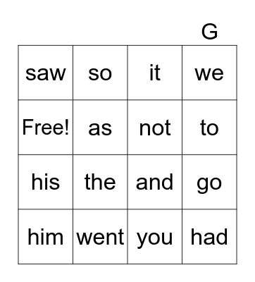 Sight words Bingo Card