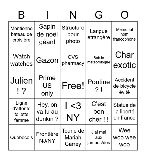 NY pour Québécois Bingo Card