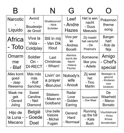 Liedjes Bingo Card
