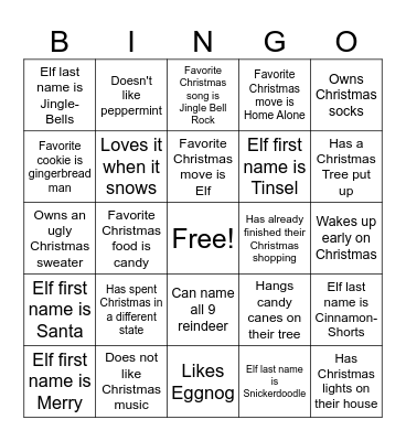 Elf Name: Bingo Card