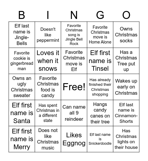 Elf Name: Bingo Card