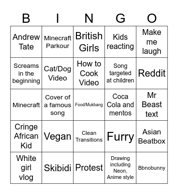 Yt Shorts Bingo Card