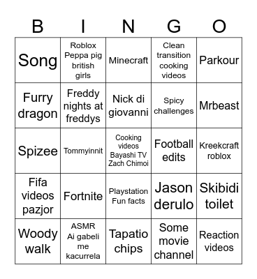 Youtube Shorts Bingo Card