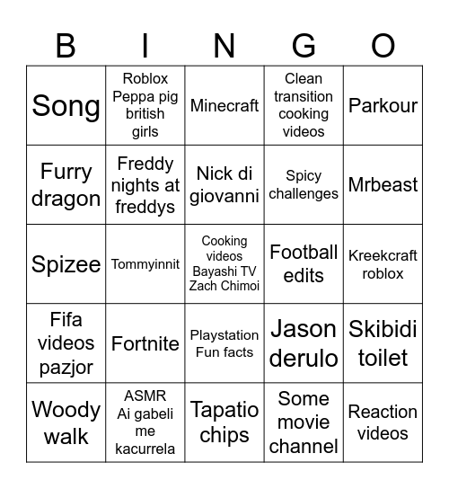 Youtube Shorts Bingo Card