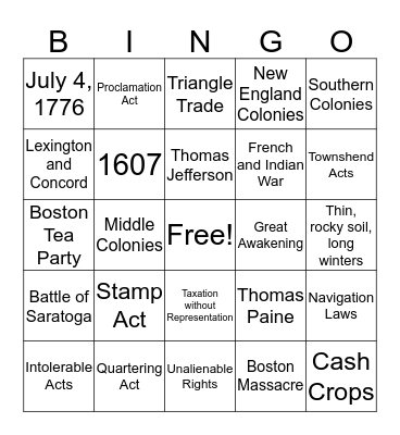 Colonial Bingo Card