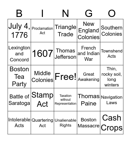 Colonial Bingo Card