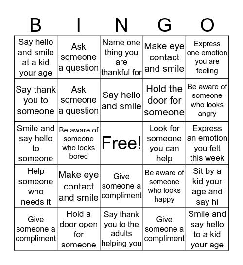 Social Skills Bingo Card