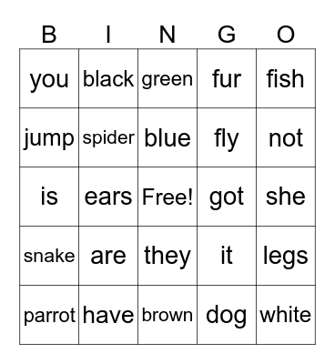 Animals, colours, nouns and verbs Bingo Card