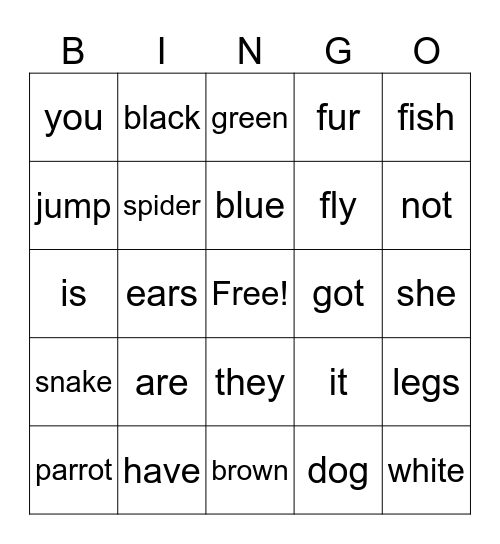Animals, colours, nouns and verbs Bingo Card