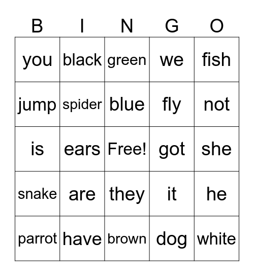 Animals, colours, nouns and verbs Bingo Card