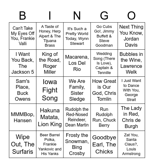 Kauffman Family Music Bingo Card