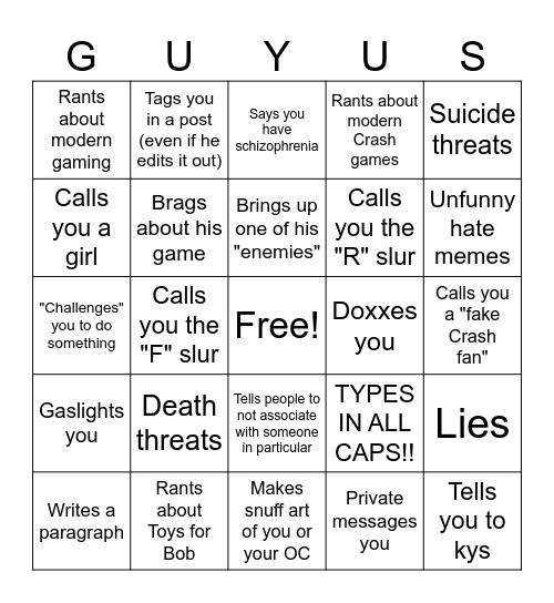 Guyus the Raptor Bingo Card