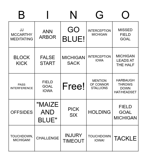 BIG TEN BINGO! UM vs IOWA Bingo Card