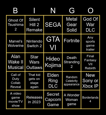 The Games Awards 2023 Bingo Card