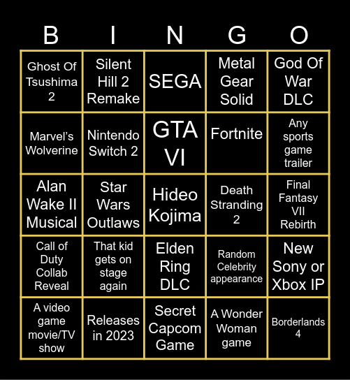 The Games Awards 2023 Bingo Card