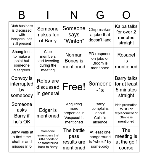 BBMC December Meeting Bingo Card