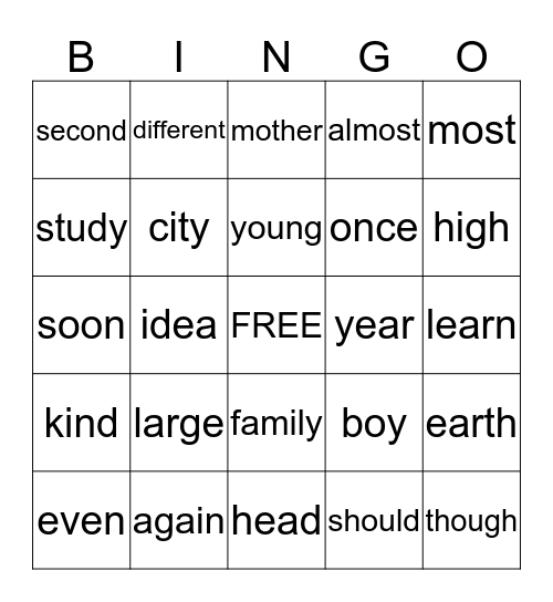 high frequency words Bingo Card