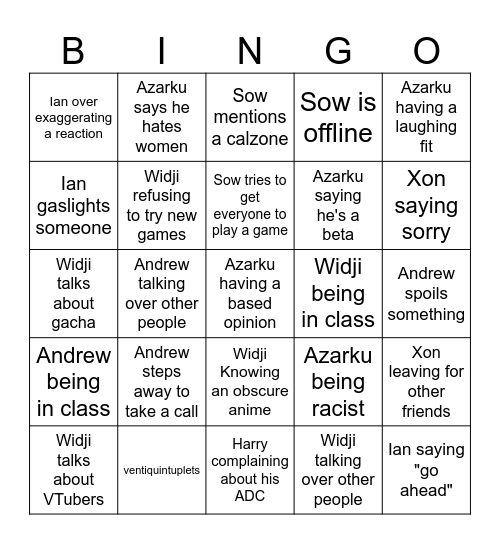 Gamer Squad bingo Card