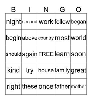 High Frequency Words Bingo Card