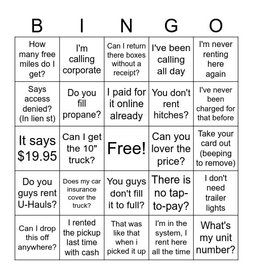 U-Haul Bingo Card
