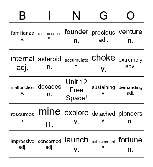 RE 3.2 Vocabulary Unit 12 Bingo Card