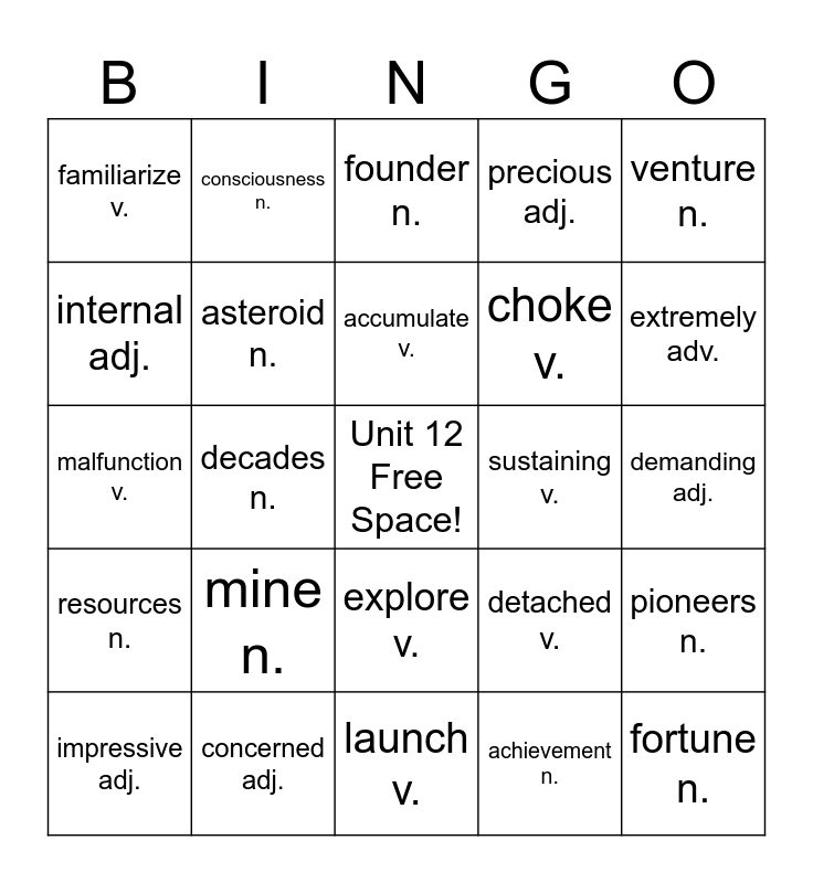 RE 3.2 Vocabulary Unit 12 Bingo Card