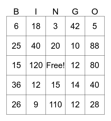 Algebra Bingo Card