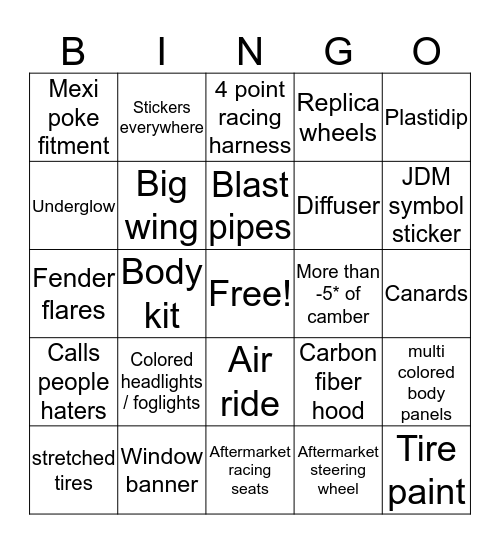 Stance / Scene point Bingo Card