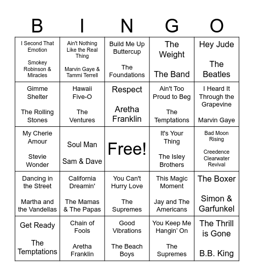 CFC 60's Music BINGO Card