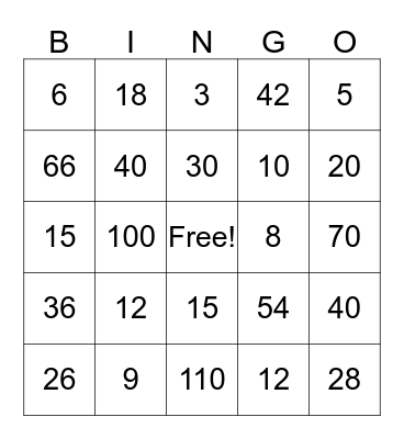 Algebra Bingo Card