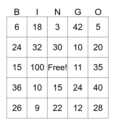 Algebra Bingo Card