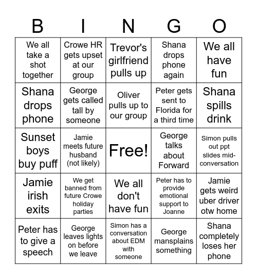 Crowe Holiday Party Bingo Card